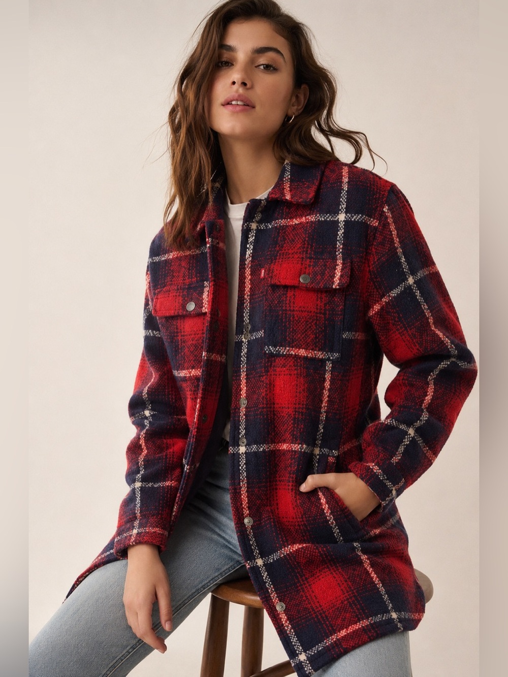 Levi’s Wool Blend Sherpa Lined Long Shacket Jacket Plaid Red Navy Women’s XL